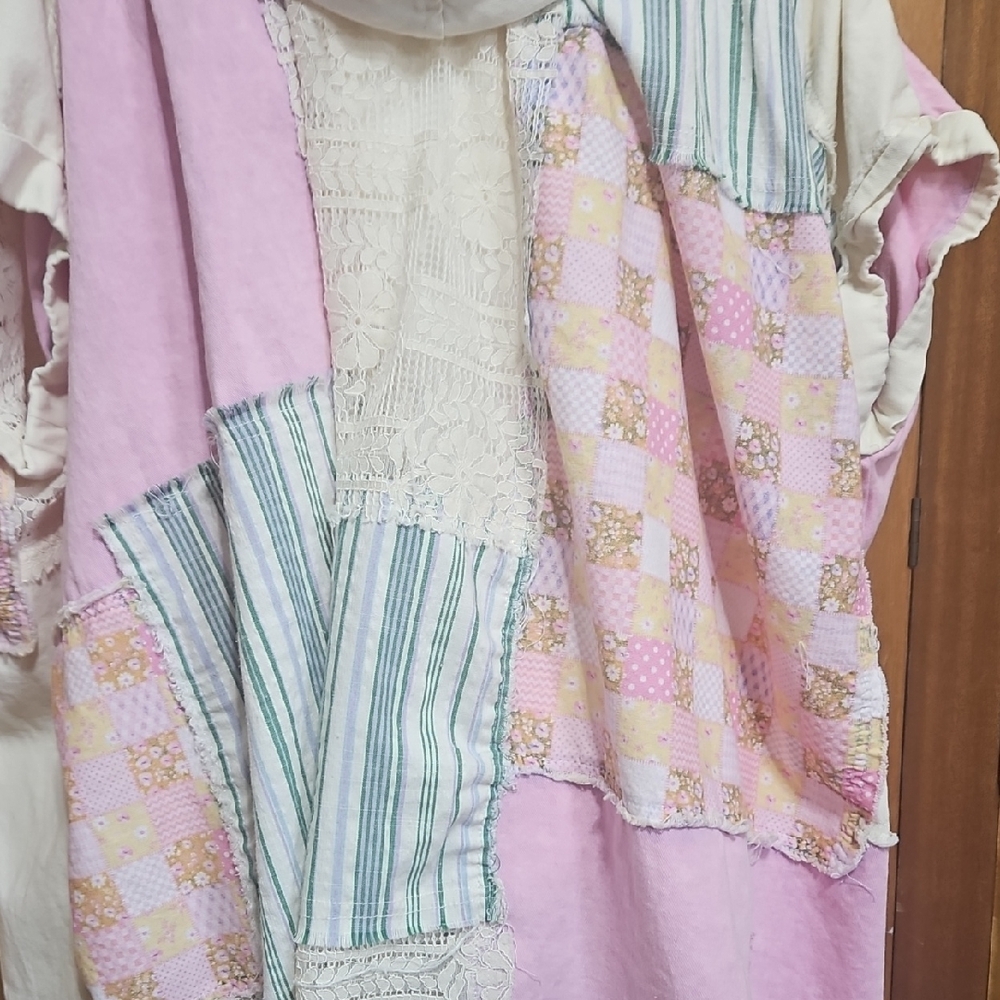 Boho Cottagecore Patchwork Button Down Distressed Oversized Hooded Shirt - Picture 11 of 16
